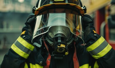 Naklejka premium A firefighter adjusting their helmet and mask for safety.