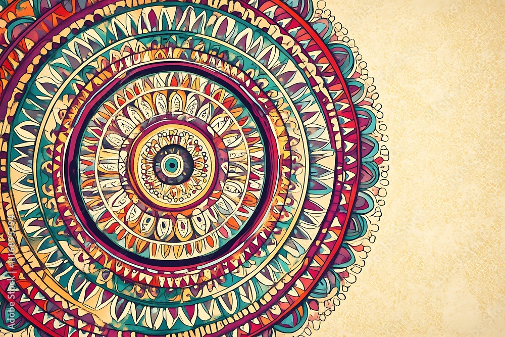 Poster a colorful mandala design featuring intricate patterns and shapes on a textured background.