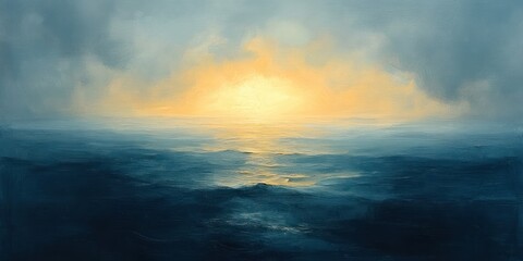 Fototapeta premium Serene Abstract Landscape Impressionism Painting Soft Blue Gold Hues Horizon Depth Diffused Sunlight