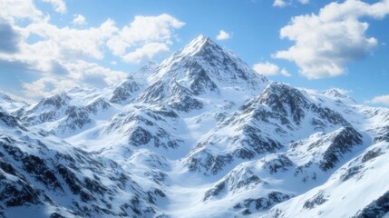 Obraz premium A majestic snow-covered mountain range under a bright blue sky.