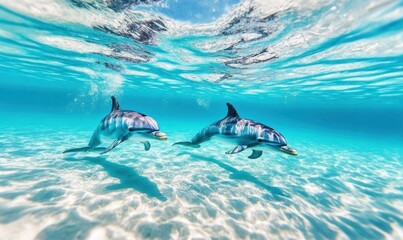 Two dolphins swimming gracefully in clear turquoise waters.