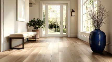 Sunlit entryway with wooden floor and decorative plants in a serene home setting