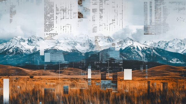 Abstract digital art depicting a snowy mountain range overlaid with text fragments, creating a surreal landscape. - Powered by Adobe