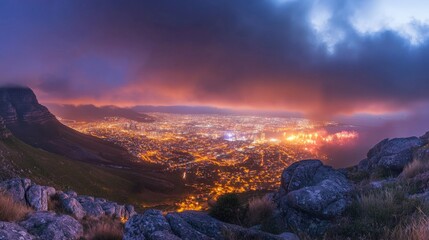 Obraz premium Fireworks seen from a mountain viewpoint, looking down on a brightly lit city