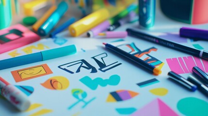 Fototapeta premium Flat lay of typography designs and colored markers on a clean workspace