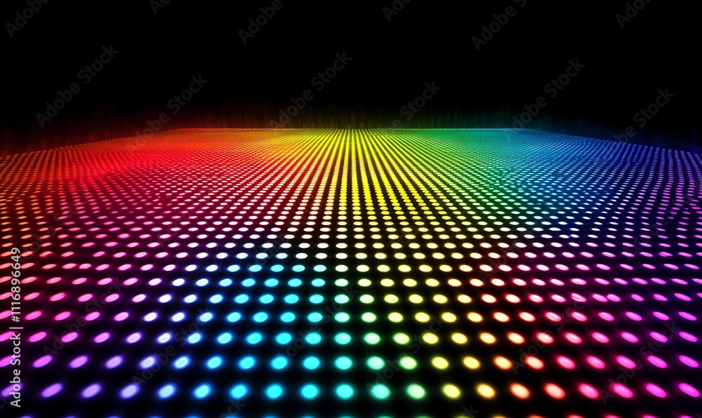 Poster a vibrant, colorful grid of illuminated dots creating a dynamic visual effect.