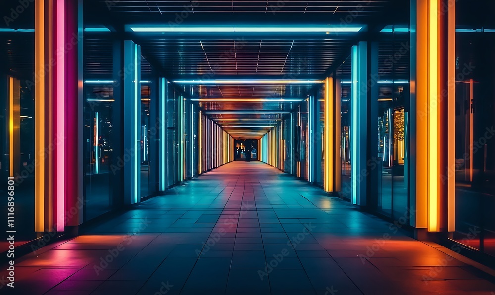 Poster a vibrant, illuminated corridor with colorful lights creating a striking visual effect.