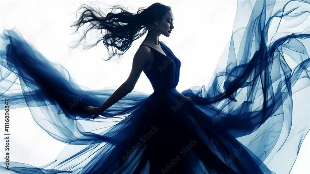 Aufkleber Dancer performing an elegant routine with flowing blue fabric in a minimalist studio setting