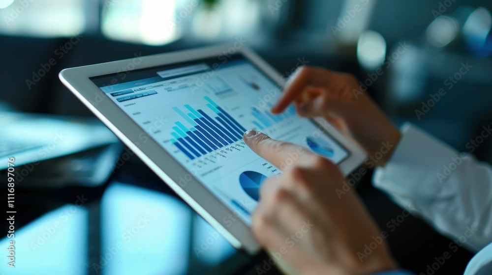 Poster a person analyzes data on a tablet, showcasing graphs and charts, highlighting trends and metrics in