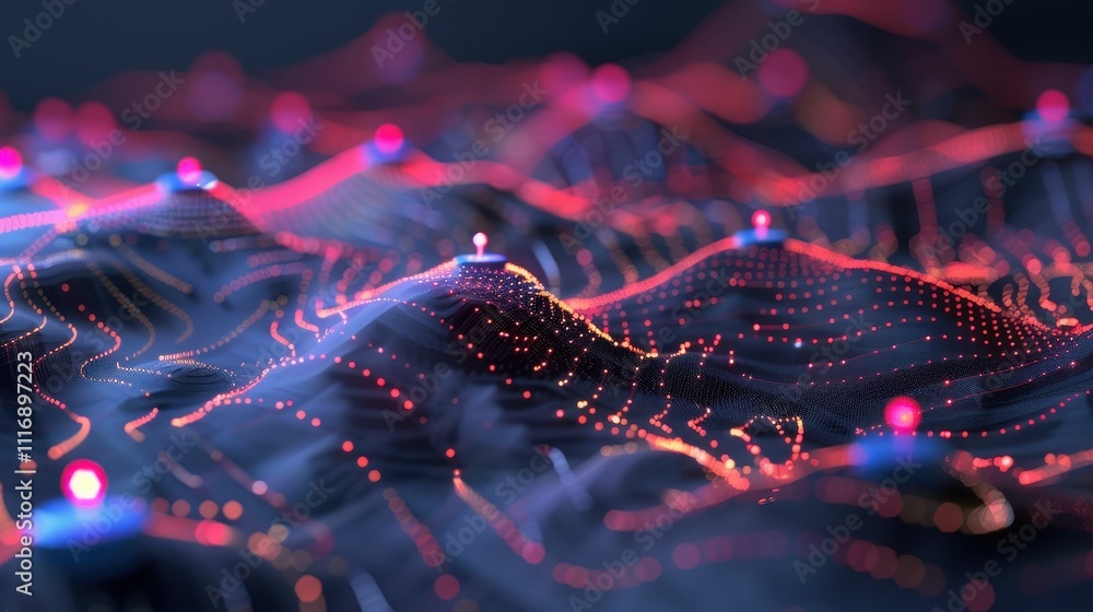 Poster a vibrant, abstract representation of waves and lights, showcasing a futuristic digital landscape wi