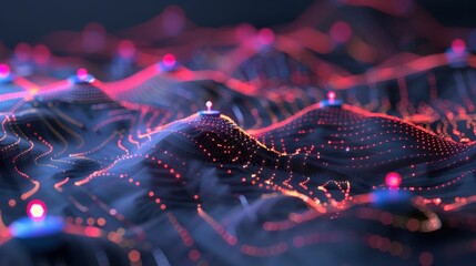 A vibrant, abstract representation of waves and lights, showcasing a futuristic digital landscape with illuminated nodes and flowing patterns.