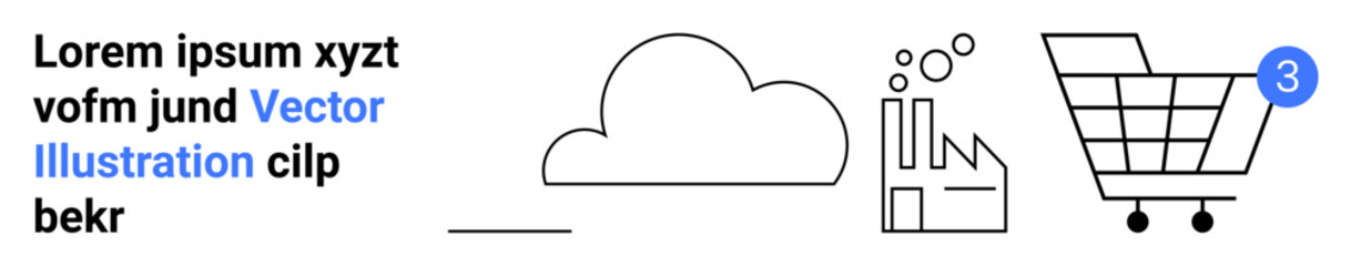 Cloud, factory with chimneys and bubbles, shopping cart with notification bubble. Ideal for technology, industrial, online shopping, commerce, cloud storage, web services, e-commerce. Landing page