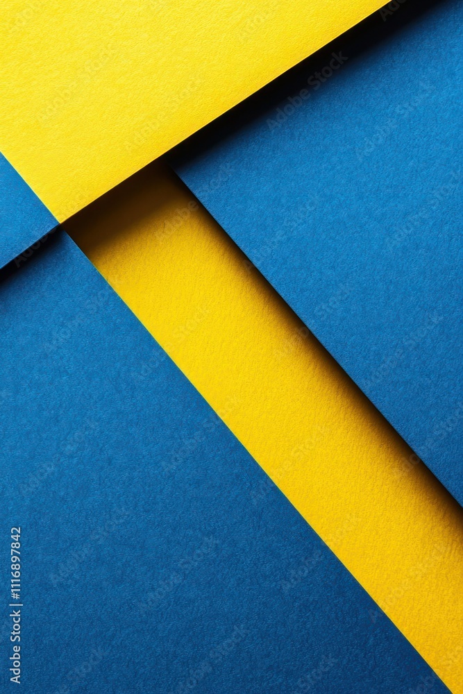 Poster geometric abstract composition with blue and yellow paper layers and sharp angles