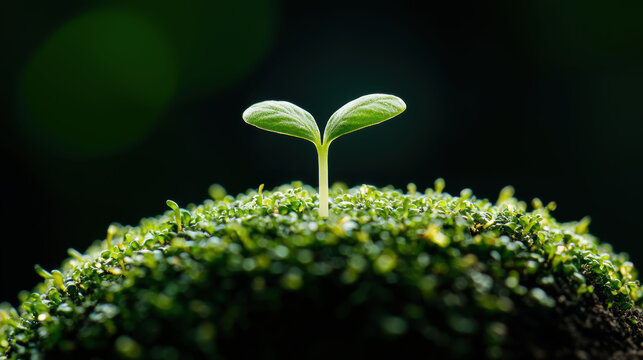 A tender seedling emerges amidst a sea of green, symbolizing hope and new beginnings, bathed in gentle, life-giving light.