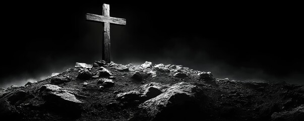 Black and White Wooden Cross on Rocky Hilltop for Christian Prayer and Reflection