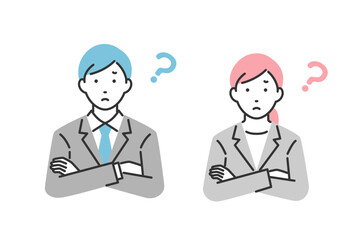 考えるポーズの男性と女性のビジネスパーソン