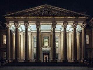 Obraz premium Grand neoclassical building with massive columns and a stately entrance, evoking a sense of power