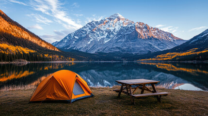 An autumn meadow by a lake holds a bright orange tent and picnic table, with majestic mountains mirrored in the tranquil water.