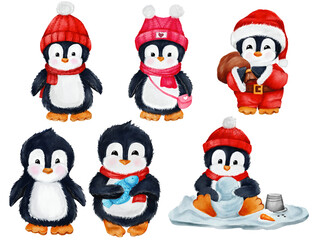 Fototapeta premium Collection of winter watercolor penguins. Cute hand-drawn penguin, penguin in a Santa suit; decor for greeting cards, gifts, and menus; print template.