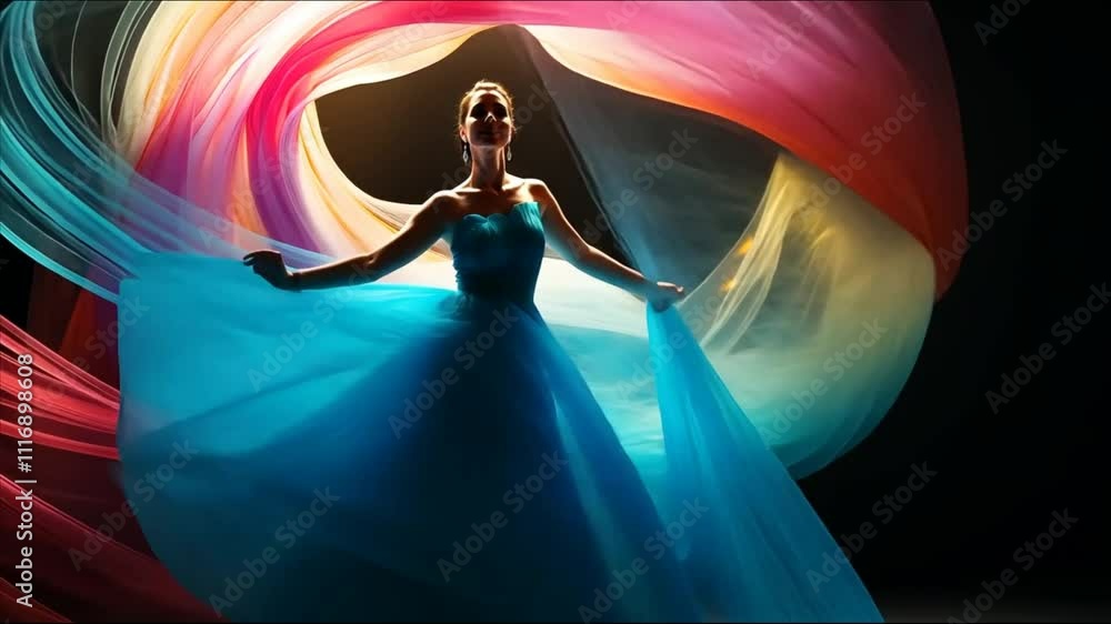 Aufkleber dynamic dancer twirls gracefully in vibrant flowing fabrics showcasing a fusion of color and movemen