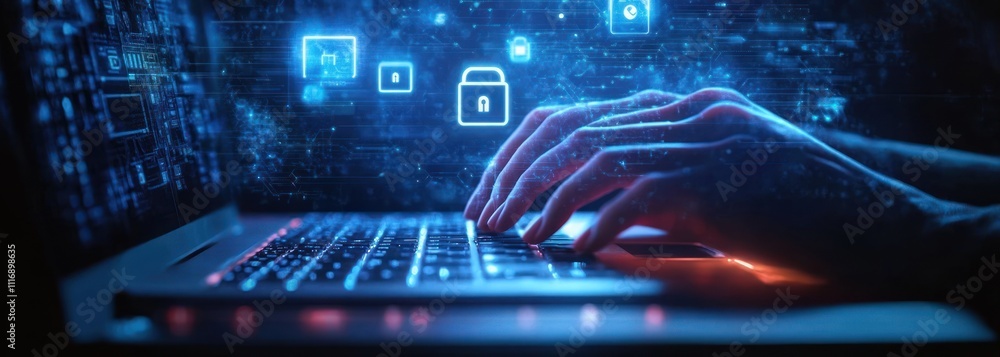 Poster cybersecurity and data protection in digital workspace with holographic technology and cyberpunk aes