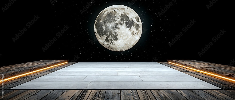 Poster a serene scene featuring a large moon in a starry sky above a minimalist stage or platform, creating
