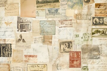 Fototapeta premium A collage of vintage postcards, stamps, and handwritten notes, evoking nostalgia and history.