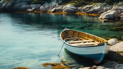Obraz premium Small wooden boat moored in a calm, clear cove near rocky shore.