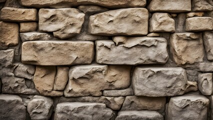 Fototapeta premium Close-up of a rustic stone wall with varying shades of brown and beige stones.