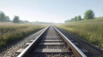 Obraz premium Straight railway tracks disappearing into a hazy, grassy landscape under a bright, clear sky.