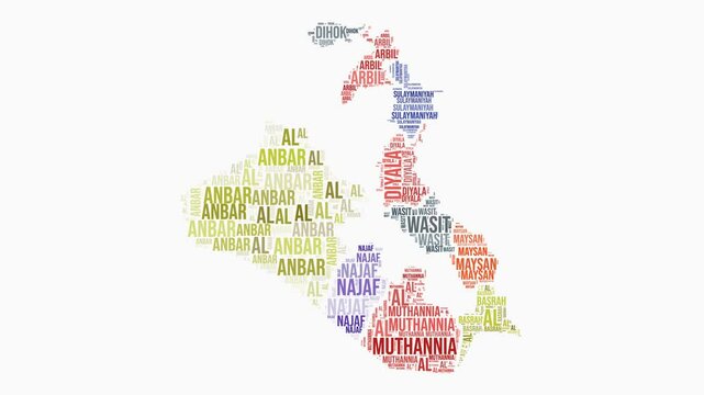 Iraq regions word cloud animation. Country logo animated video. Iraq colored text cloud. Regions typography style motion graphics. Classy video.