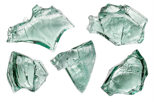 shattered glass, transparent shards, broken pieces, isolated on white background, reflective surface, crystalline fragments

