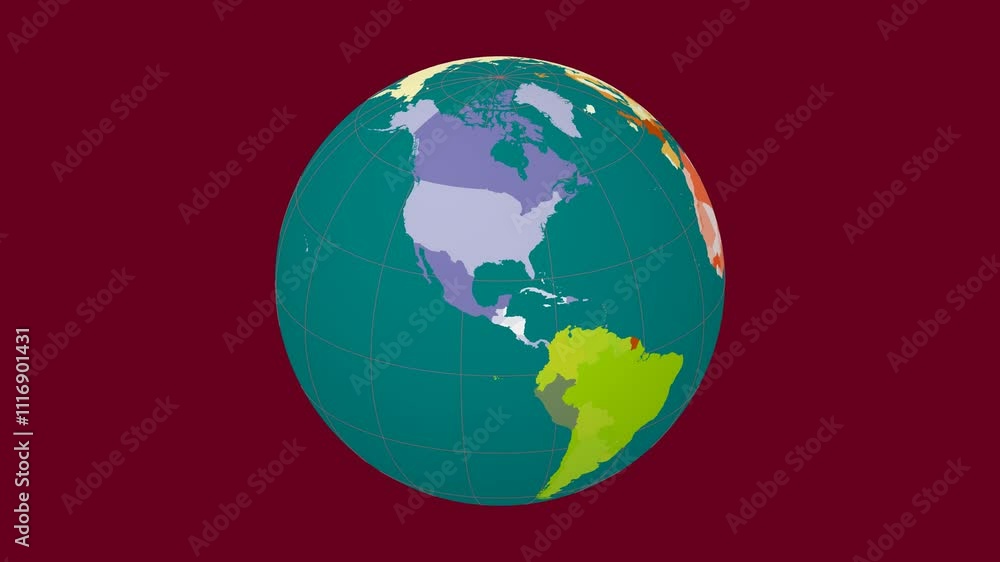 Poster rotating planet. slanted sphere view. fast speed globe rotation. colored countries style. world map 