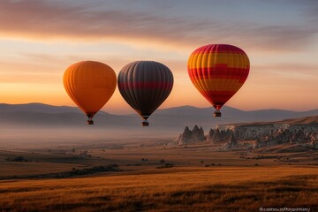 Colorful hot air balloons soaring above Cappadocia\'s enchanting fairy chimneys at dawn, illuminating the sky with vibrant patterns in an otherworldly landscape