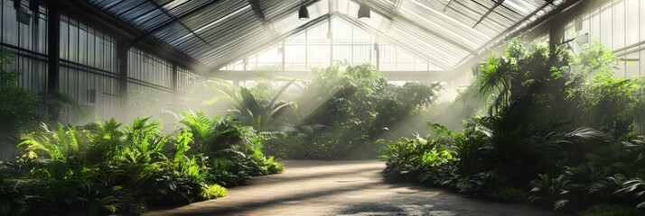 Obraz premium Massive greenhouse interior filled with lush green plants, automated irrigation