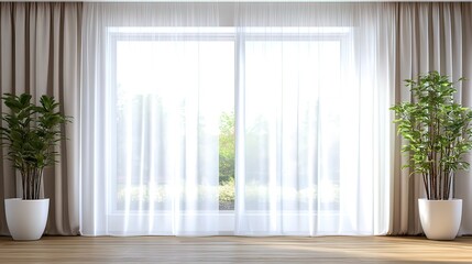 Fototapeta premium Sunlit room with sheer curtains, potted plants, and hardwood floor.