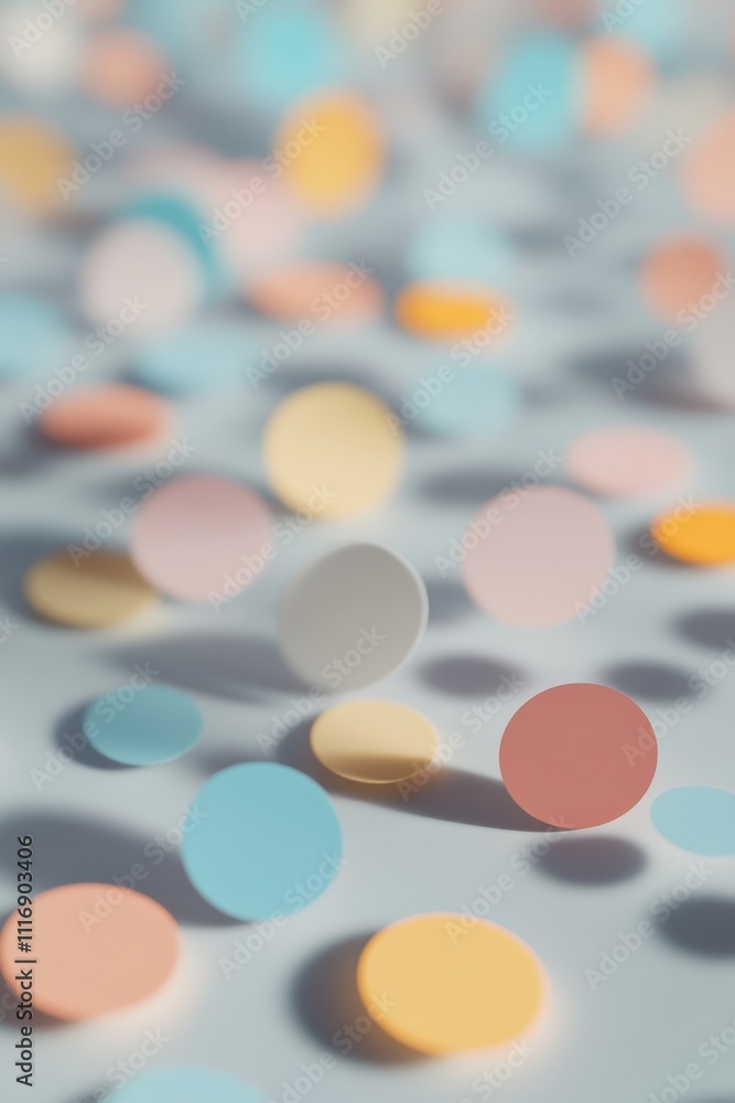 Poster minimalist background with floating pastel circles on a light gray surface