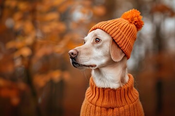Playful dog in a cozy orange sweater and Halloween hat surrounded by vibrant autumn leaves and pumpkins in a bokeh forest setting