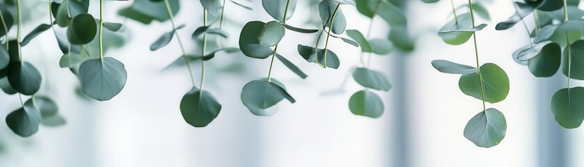 Eucalyptus leaves hanging in a serene spa, releasing calming aromas into the air close up, relaxation and wellness concept, ethereal, overlay, minimalist spa backdrop
