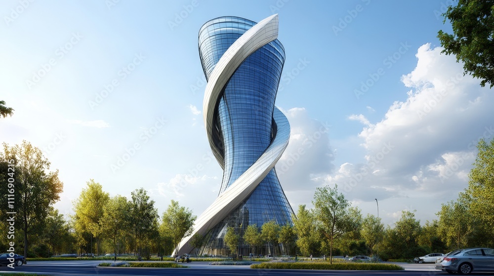 Poster modern skyscraper with a twisted design, symbolizing innovation in urban architecture