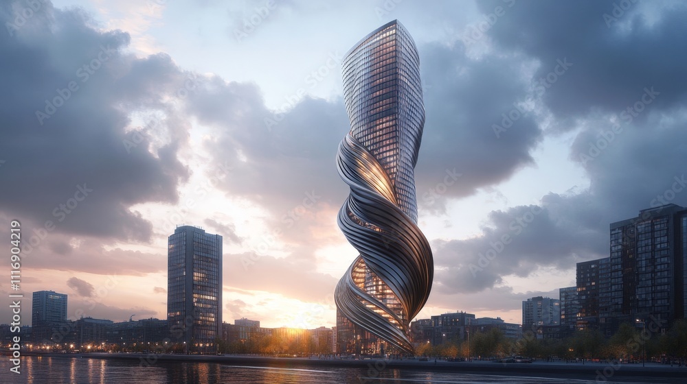 Poster modern skyscraper with a twisted design, symbolizing innovation in urban architecture