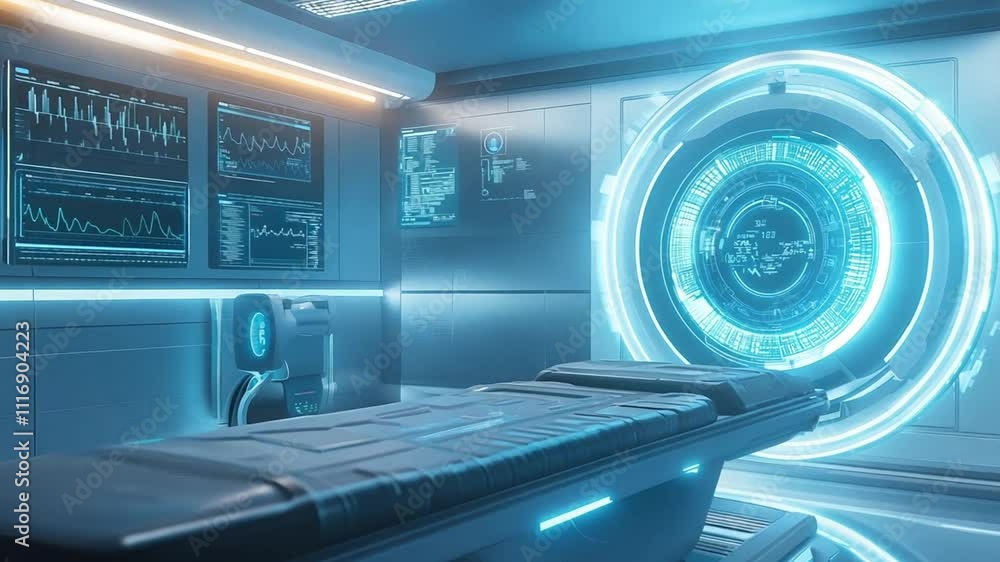Poster futuristic medical bay with advanced technology and glowing interfaces in a sci-fi setting