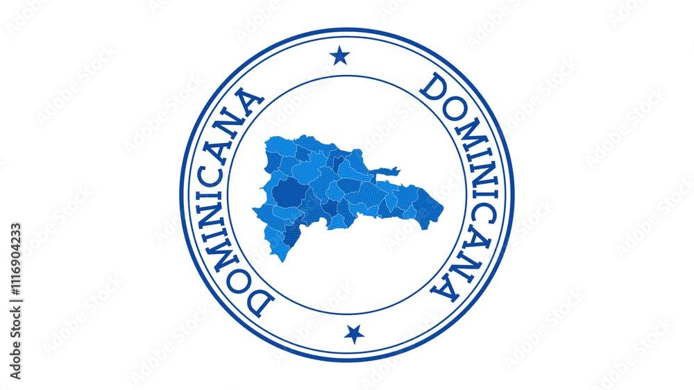 Poster dominicana intro. badge with the circular name and map of country. dominicana round logo animation.