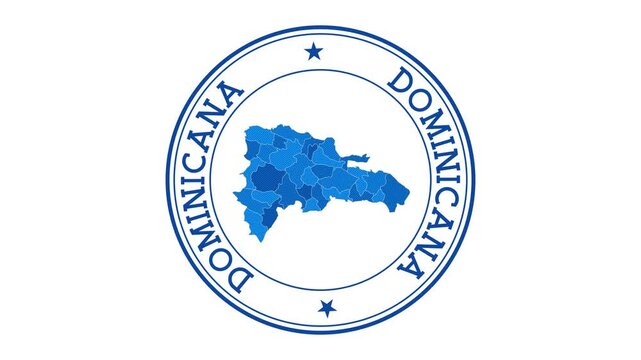 Dominicana intro. Badge with the circular name and map of country. Dominicana round logo animation.