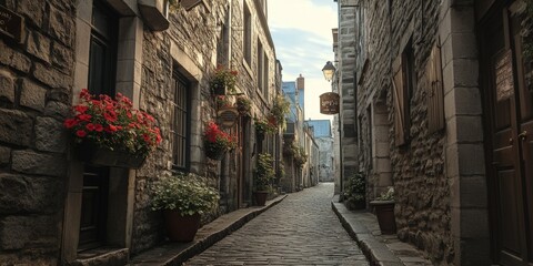 Fototapeta premium Narrow cobbled alleyway in a European city, with old buildings and hanging flower pots