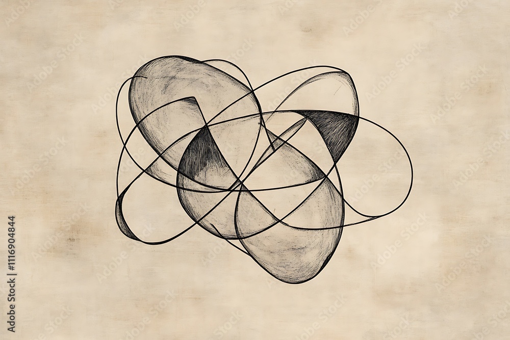 Poster abstract drawing of intertwined shapes and curves on a textured background.