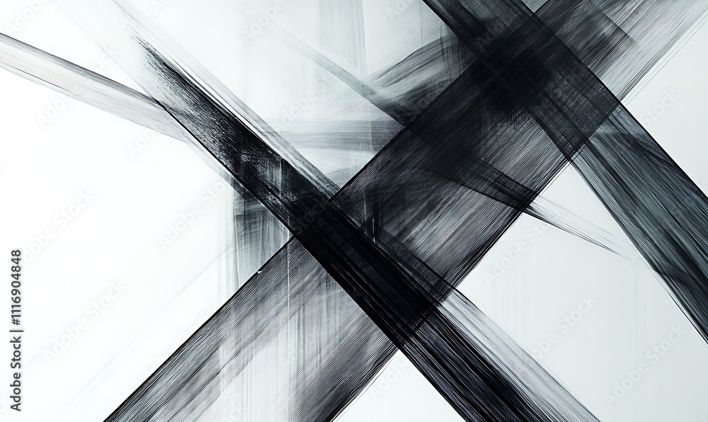 Poster abstract composition with intersecting black lines on a white background, evoking movement.