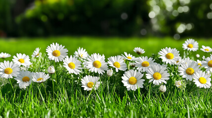 Daisies in the Spring Meadow: A vibrant row of delicate white daisies blossoms in a lush green meadow, bathed in the warm sunlight of spring. This image evokes feelings of serenity and renewal. 
