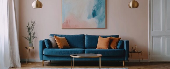 Teal Velvet Sofa Living Room Decor Abstract Art