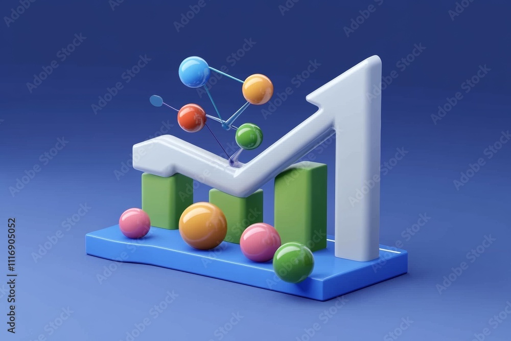 Poster 3d bar graph financial chart with colorful spheres data analysis and investment trends